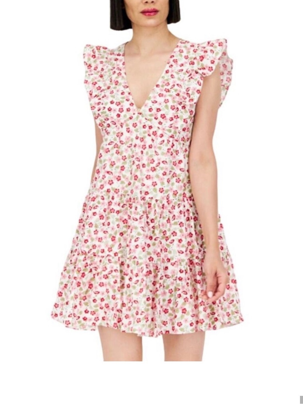 Aqua Pink and Cream Floral Ruffle Mini Dress